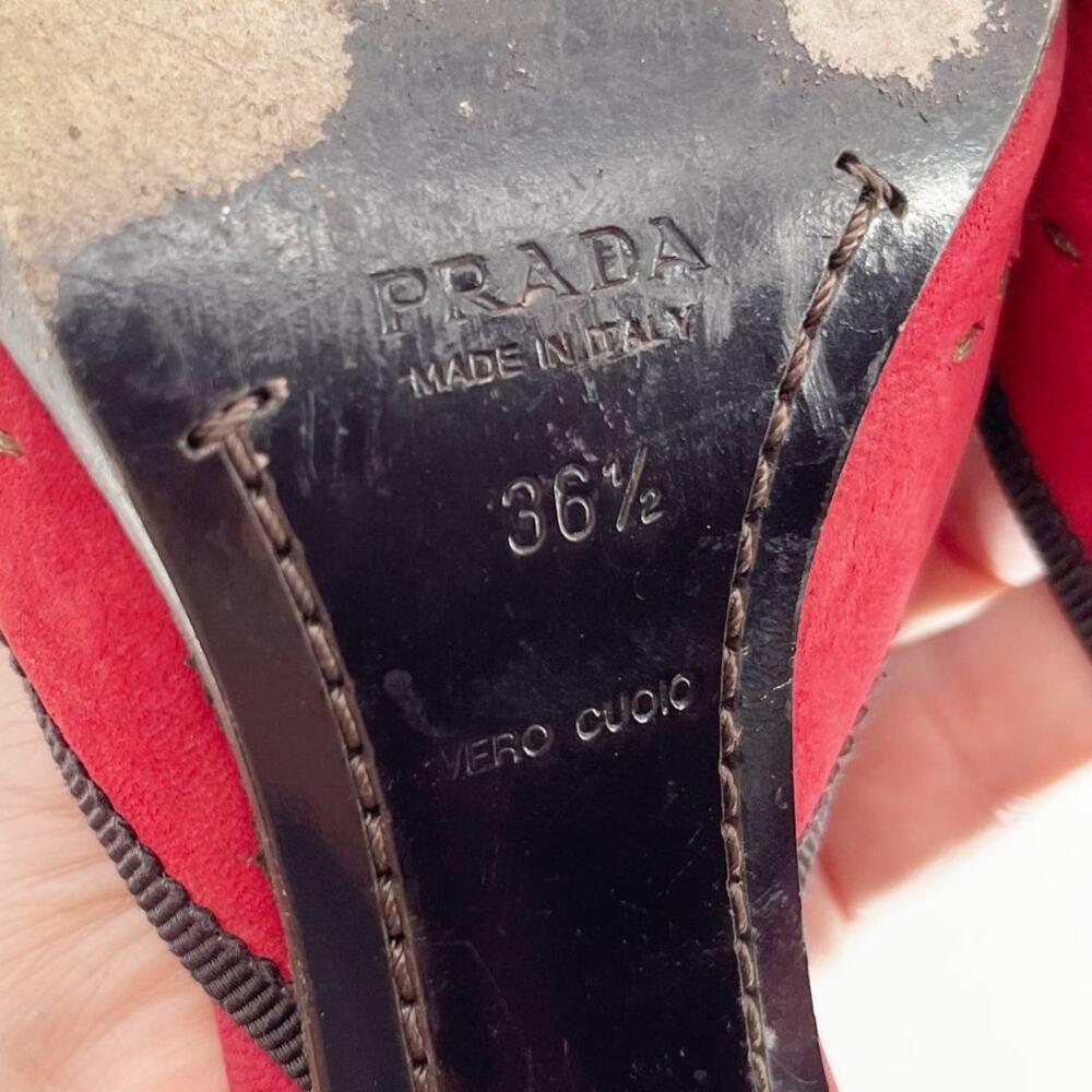 Prada Vintage Red Suede Tweed Bow Pointed Toe Kitten Heel Mule Heels IT 36.5 - Picture 11 of 11